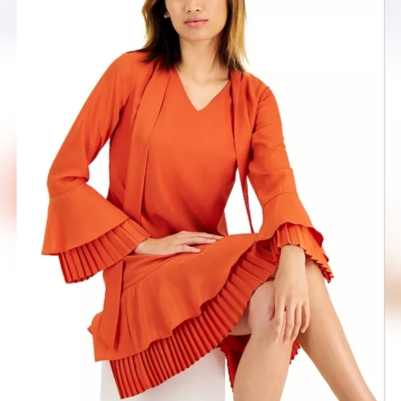 NWT Tahari ASL Burnt Orange Pleated Trim Tie Neck Dress Size 14 - Picture 15 of 15